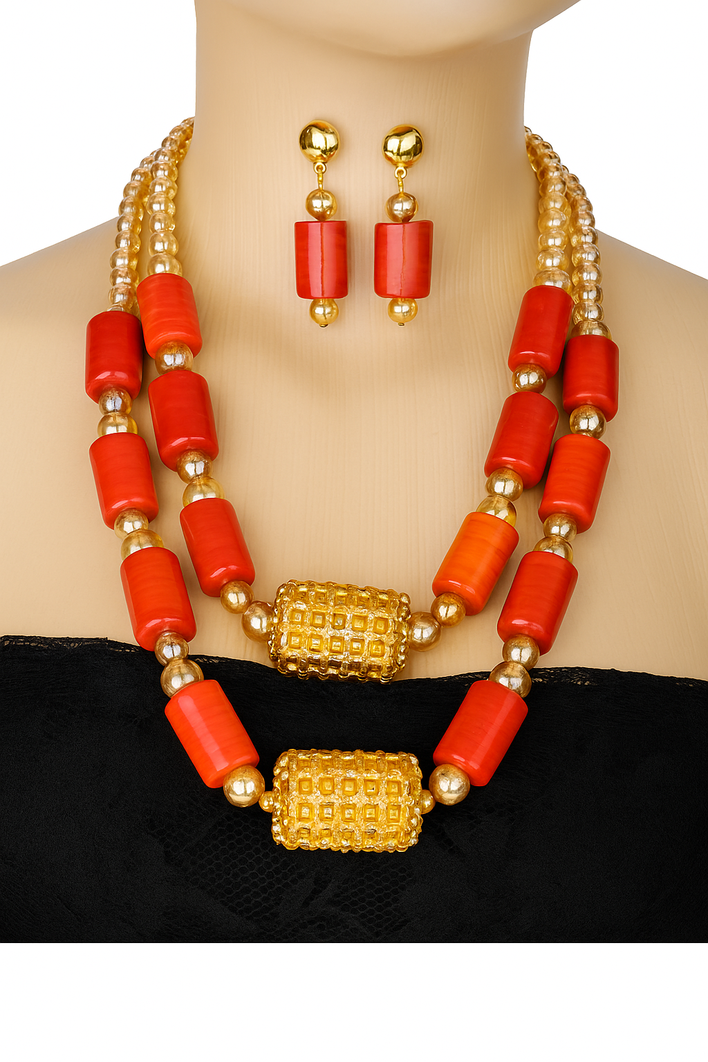 Original Coral Beads Necklace & Bracelet Set, African Bridal Wedding Jewelry Set