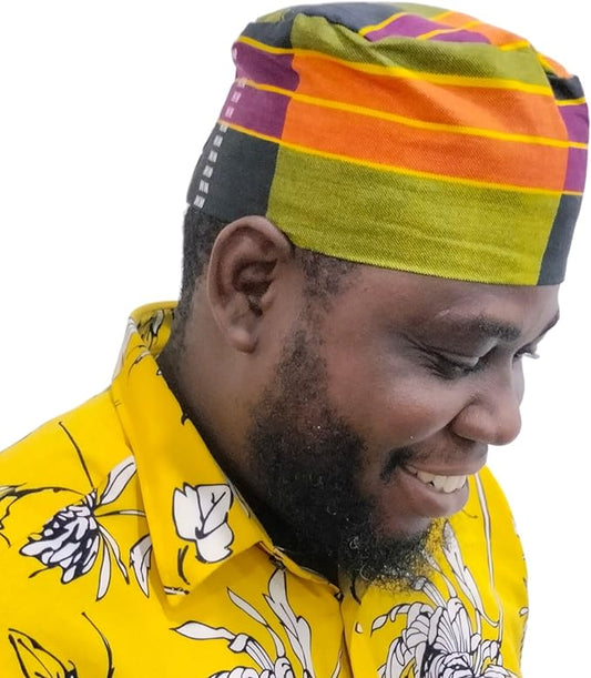 Kente Kufi Hat Style #3:Men Cap | Fashion African Print Fabric (Multicolor)