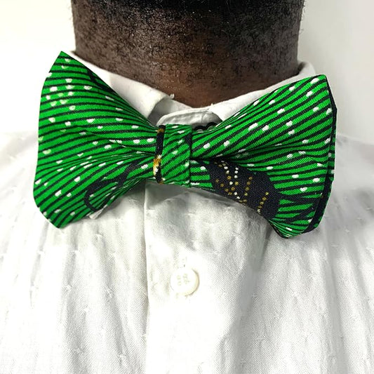 Bow Tie, African Print Cotton Green Tie, Pre-tied Adjustable Strap Men Necktie