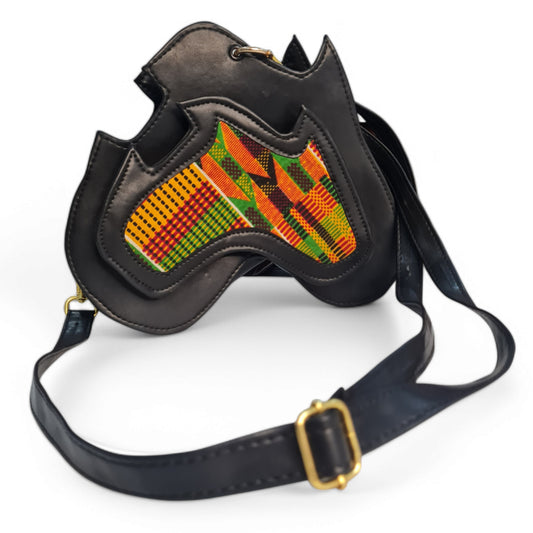 Handmade Africa-Shaped Leather Cross Bag With Zipper | Shoulder Bag with Kente Print, Unisex Bag