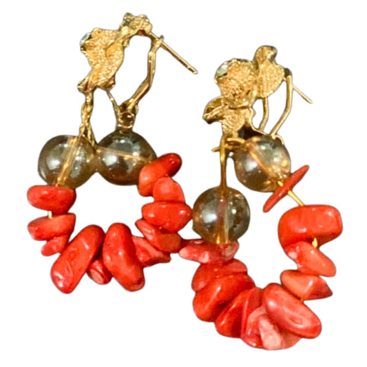Red Coral Beaded Earrings, Gold-Plated Beads Drop Bridal Wedding Jewelry