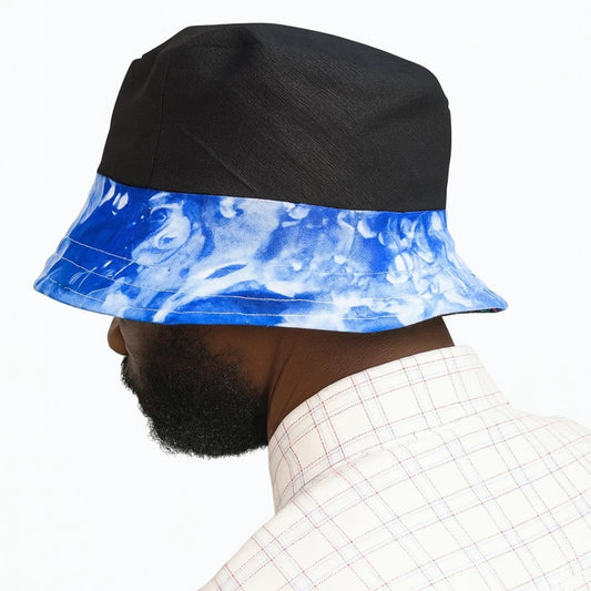 Black Bucket Hat, African Kente and Adire Print Reversible Double-sided Bucket Cap