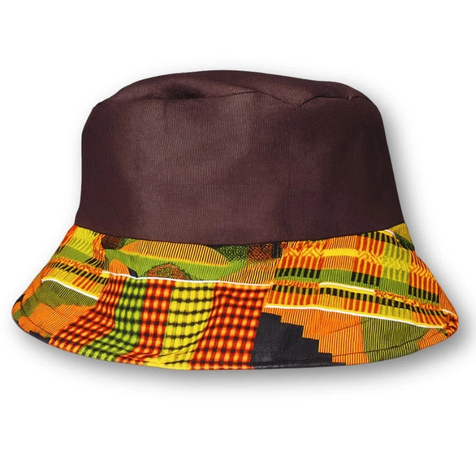 Brown Bucket Hat, African Kente and Adire Print Reversible Double-sided Bucket Cap