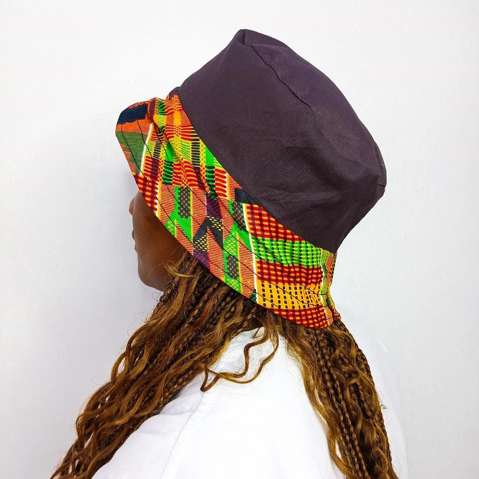 Brown Bucket Hat, African Kente and Adire Print Reversible Double-sided Bucket Cap