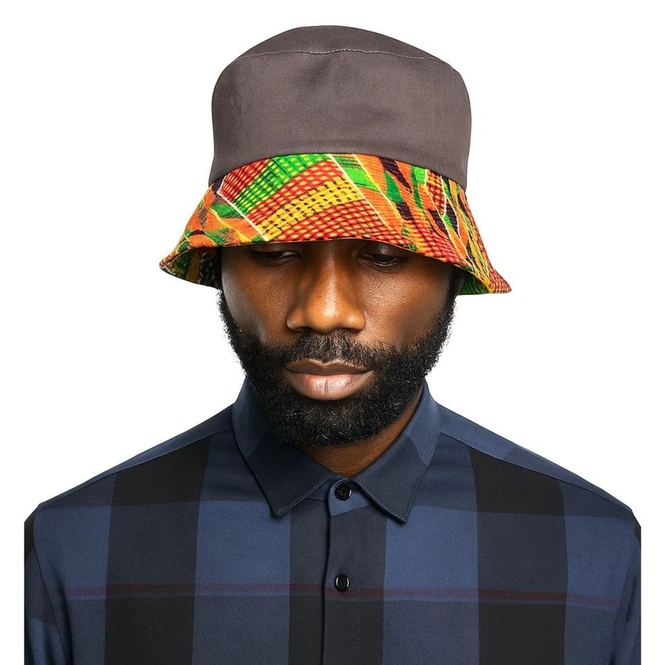 Brown Bucket Hat, African Kente and Adire Print Reversible Double-sided Bucket Cap