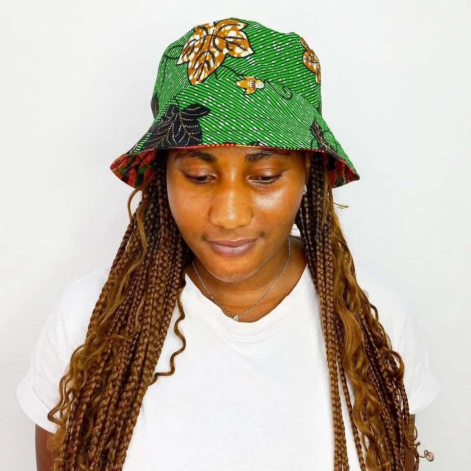 Brown Bucket Hat, African Kente and Adire Print Reversible Double-sided Bucket Cap