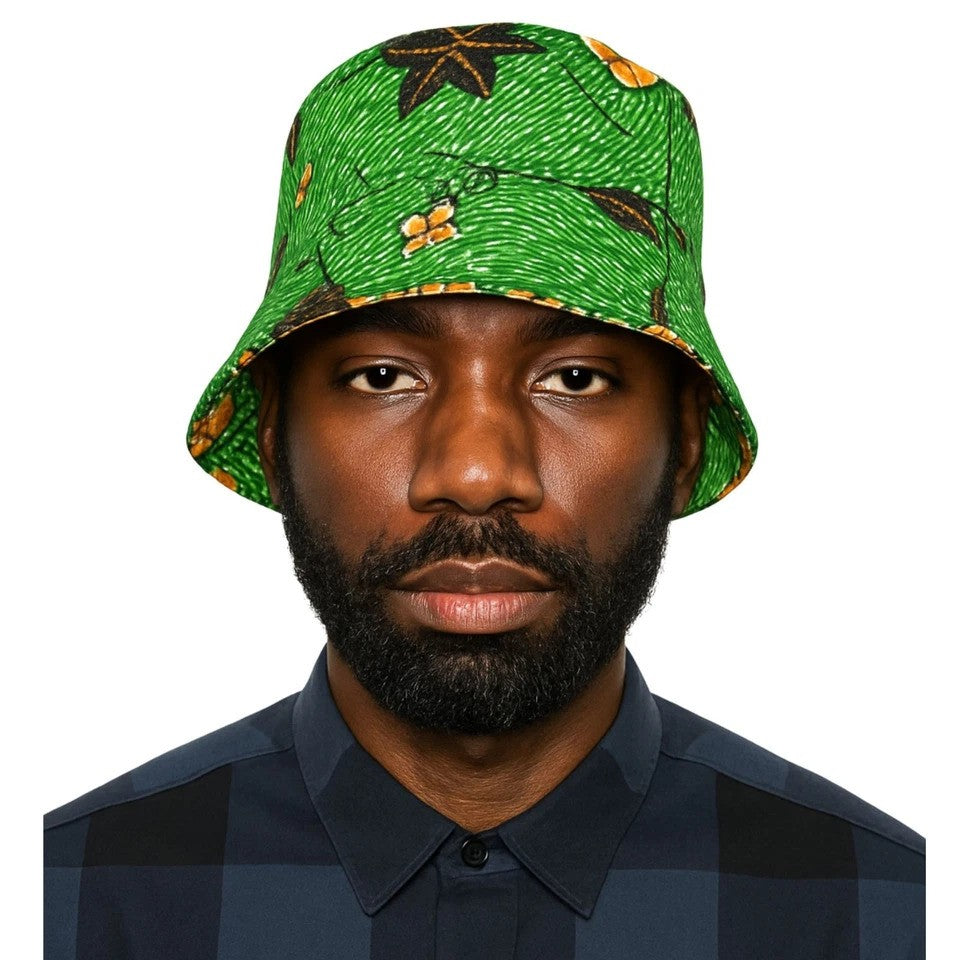 Brown Bucket Hat, African Kente and Adire Print Reversible Double-sided Bucket Cap