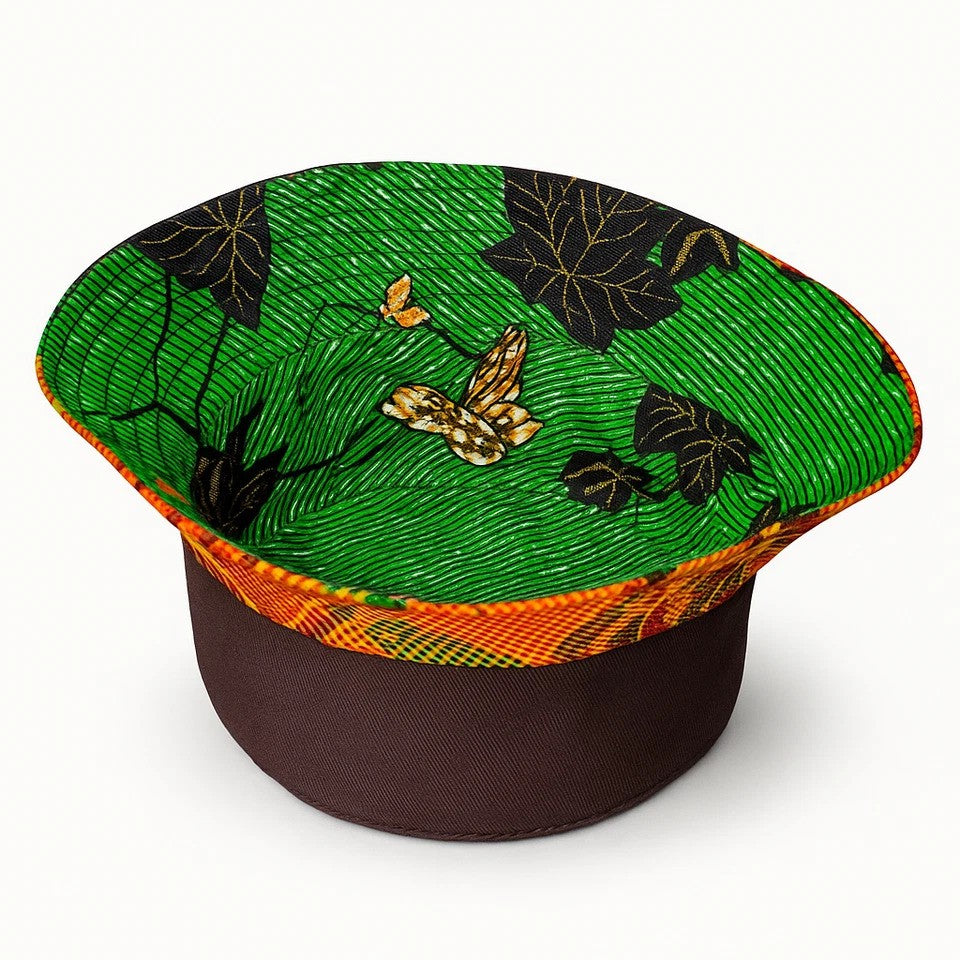 Brown Bucket Hat, African Kente and Adire Print Reversible Double-sided Bucket Cap