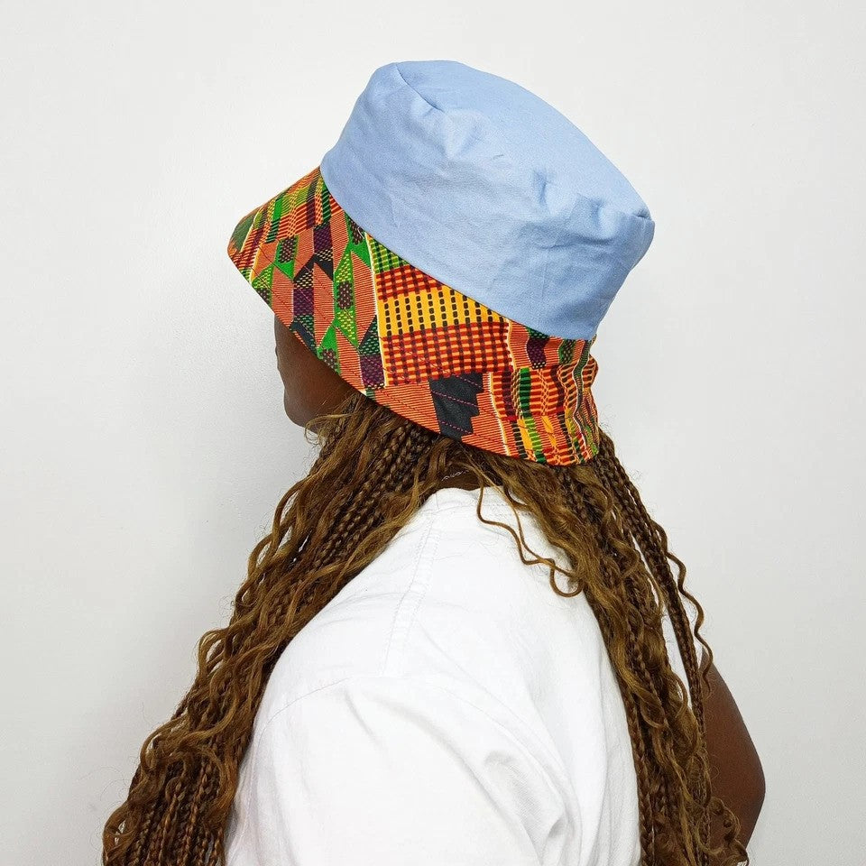 Sky-blue Bucket Hat, African Kente and Adire Print Reversible Double-sided Bucket Cap