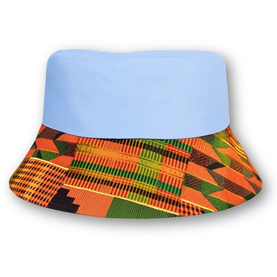 Sky-blue Bucket Hat, African Kente and Adire Print Reversible Double-sided Bucket Cap