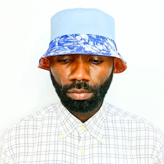 Sky-blue Bucket Hat, African Kente and Adire Print Reversible Double-sided Bucket Cap