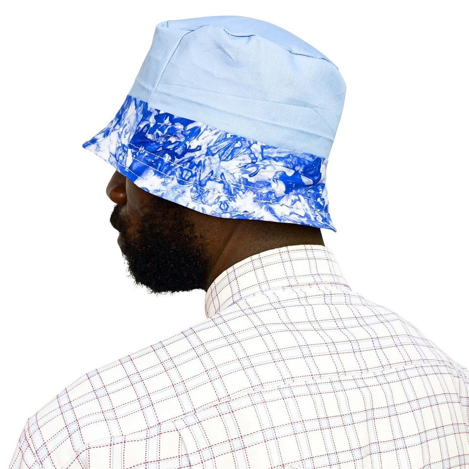 Sky-blue Bucket Hat, African Kente and Adire Print Reversible Double-sided Bucket Cap