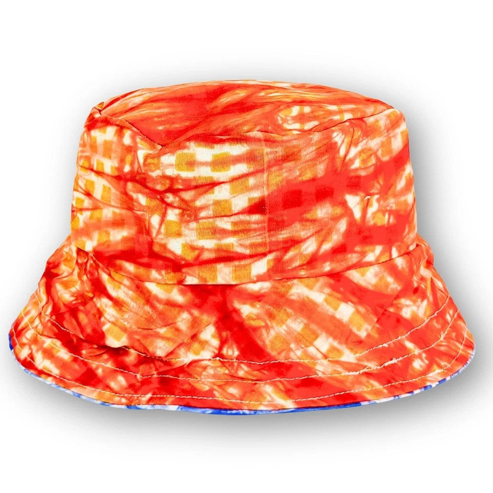 Sky-blue Bucket Hat, African Kente and Adire Print Reversible Double-sided Bucket Cap