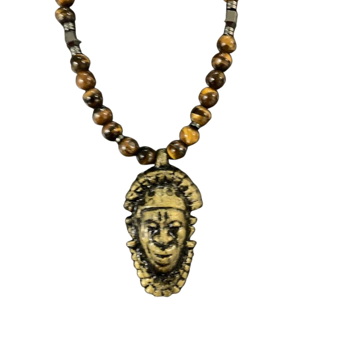 Benin Mask Pendant Beaded Necklace - Handmade Brown Beaded Ethnic Jewelry