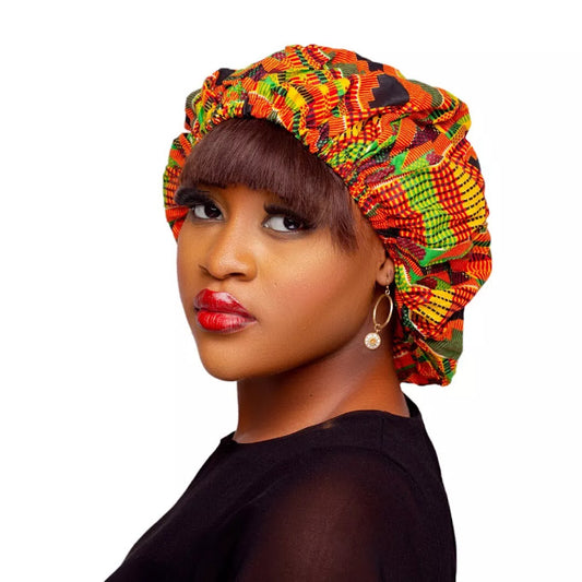 African Kente Women Hair Bonnet, Elastic Sleeping, Indoor, Outdoor Head Wrap