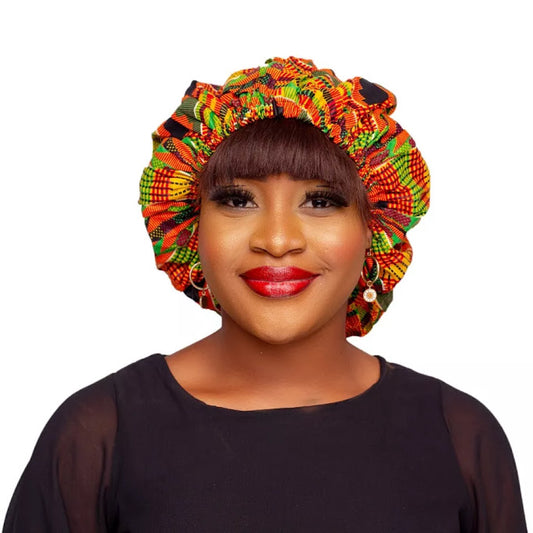 African Kente Women Hair Bonnet, Elastic Sleeping, Indoor, Outdoor Head Wrap