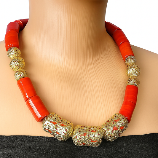 Original Coral Bead Necklace Set, African Igbo Benin Bridal Wedding Jewelry Set