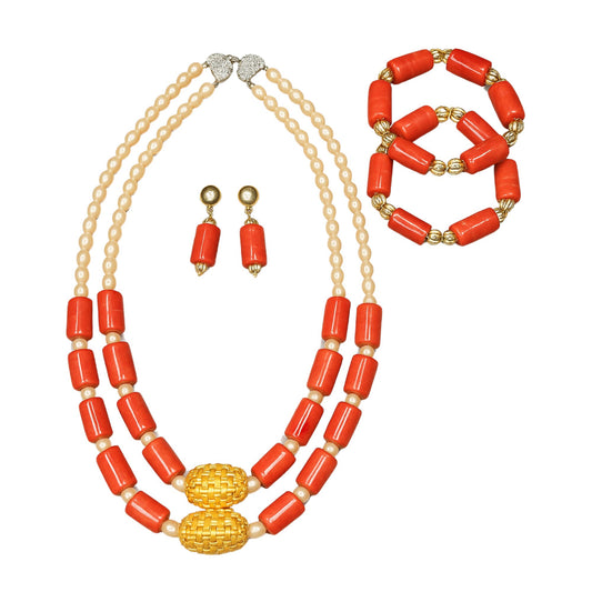 Original Coral Beads Necklace & Bracelet Set, African Bridal Wedding Jewelry Set