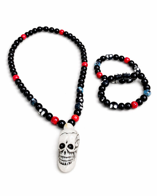 Black Beaded Human Skull Pendant Necklace and 2 Bracelet Set - Gothic Statement Jewelry for Men & Women