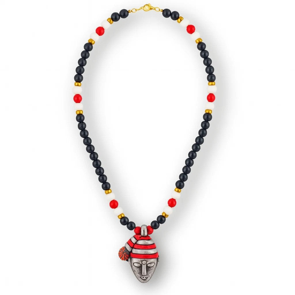 Black White Beaded Necklace, Gold & Silver Face Pendant Men Necklace, African Tribal Jewelry