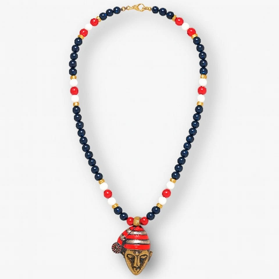 Black White Beaded Necklace, Gold & Silver Face Pendant Men Necklace, African Tribal Jewelry