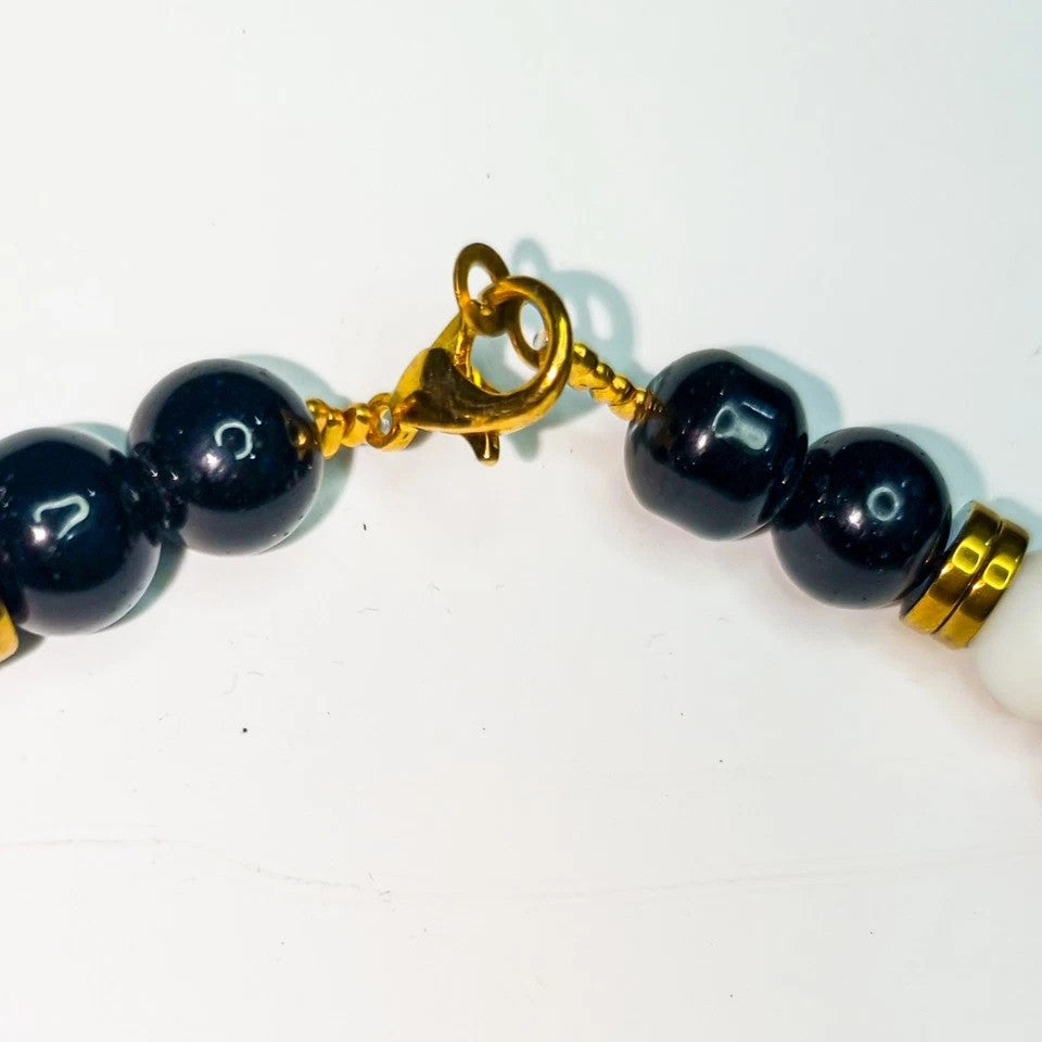 Black White Beaded Necklace, Gold & Silver Face Pendant Men Necklace, African Tribal Jewelry