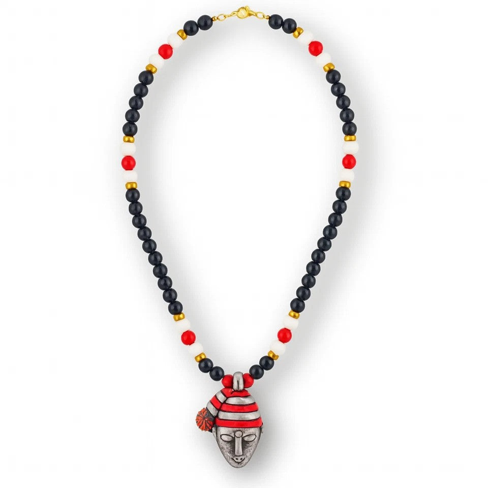 Black White Beaded Necklace, Gold & Silver Face Pendant Men Necklace, African Tribal Jewelry