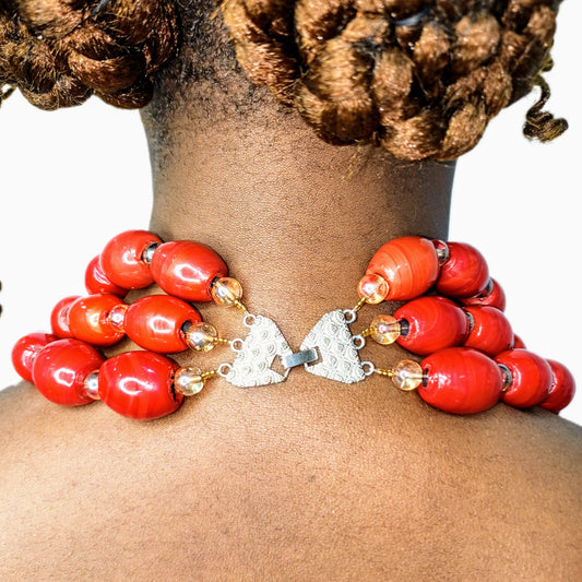 Original Red Coral Beaded Necklace, 3 Layered African Bridal Wedding Jewelry