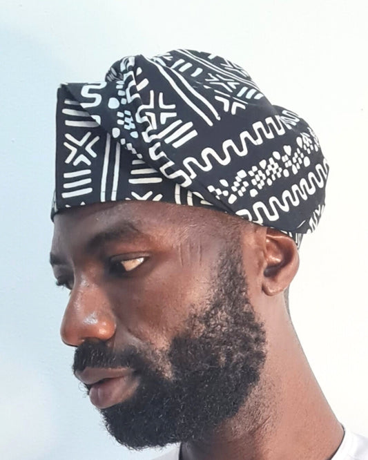 Yoruba Kufi Hat, Black and White African Print Traditional Men Fashion Cap