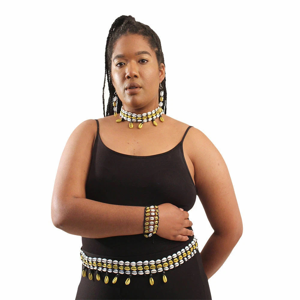 Earrings, Bracelet, Choker - Gold, White Cowrie Shell | Jewelry Set for Women.