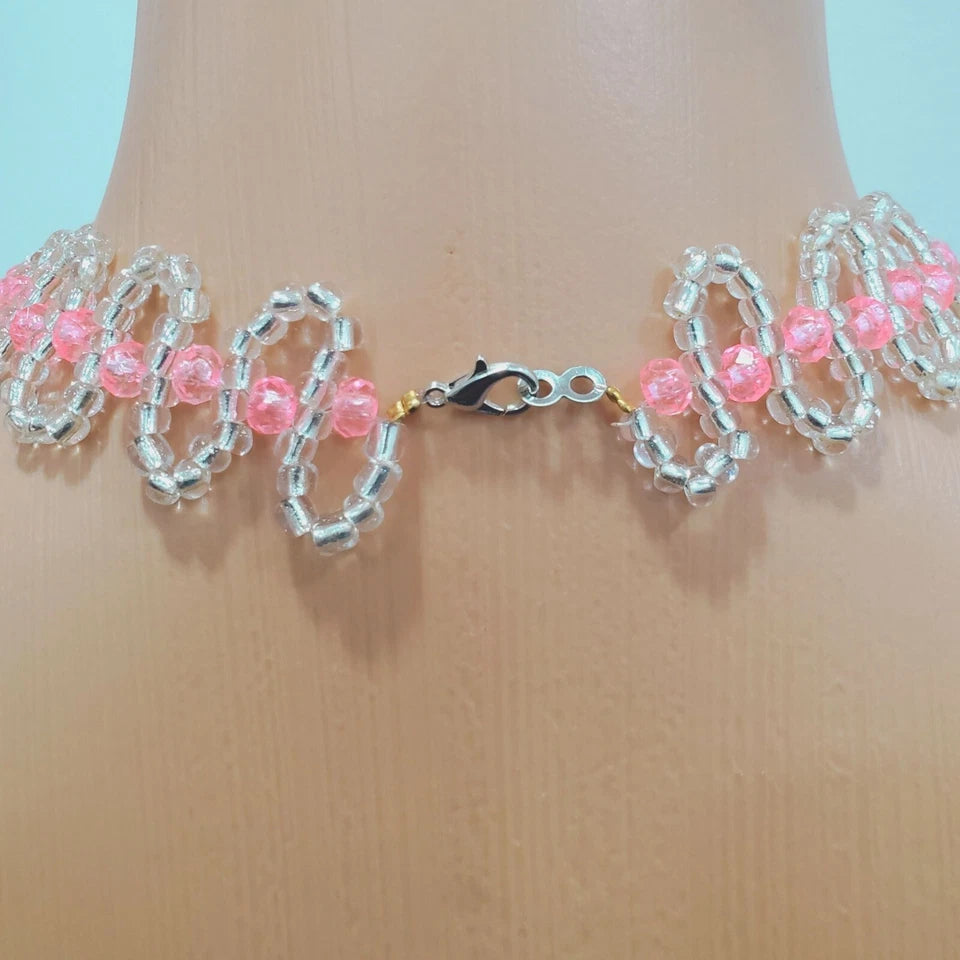 Glass Beads Choker Necklace and 2 Bracelet Set, Handmade Beaded Jewelry set
