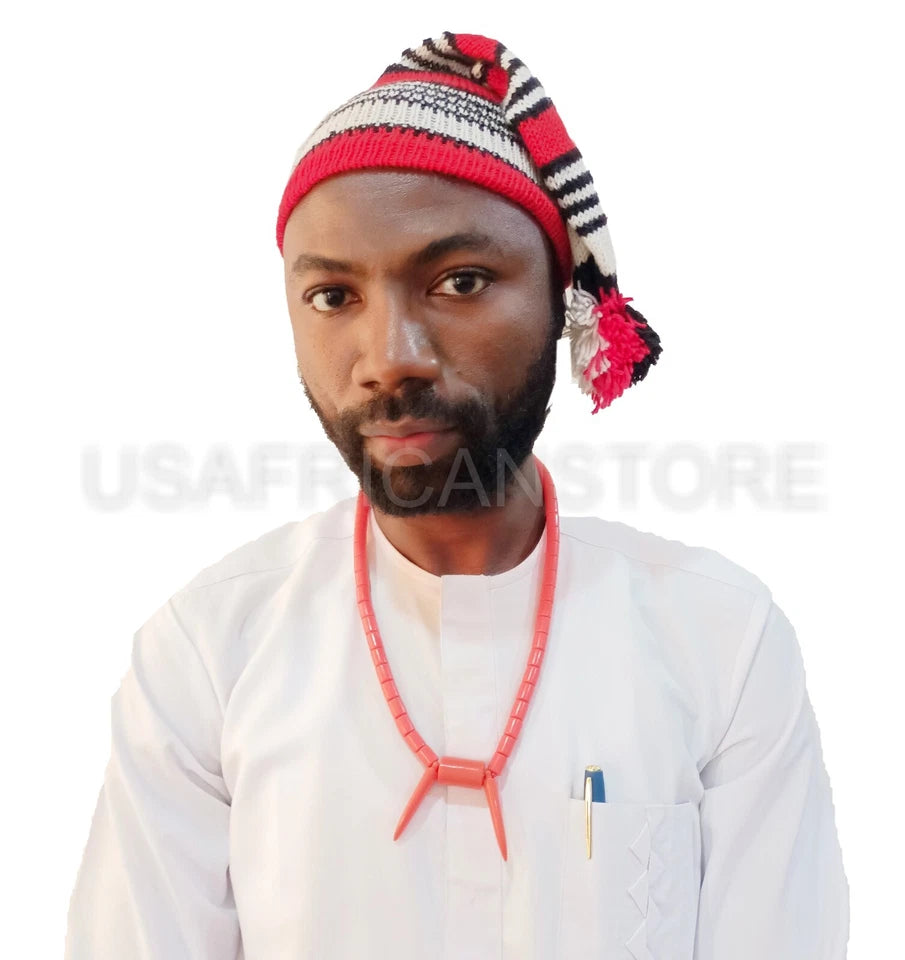 2 Pcs Wool Igbo Traditional Men's Hat, Men's Knitted, Stripped Wool War Dance Hat (Long) (Set of 2)