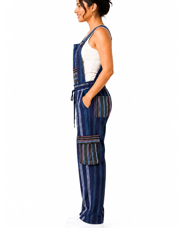 African Aso Oke Striped Overalls Blue Jumpsuit Romper Cargo Dungarees Boho Wide