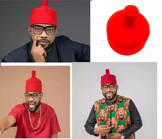 Red Oba of Benin Royal Cap, Men Traditional Conical Igbo Ceremonial Wool Hat