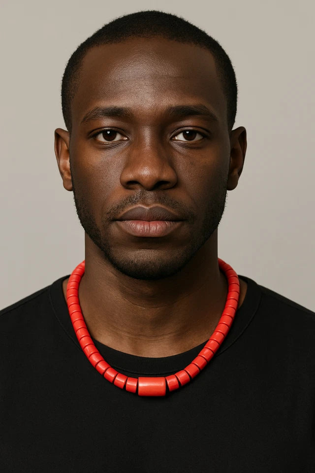 Traditional Red African Coral Beaded Necklace#2, Men Woman Wedding & Cultural Event Jewelry