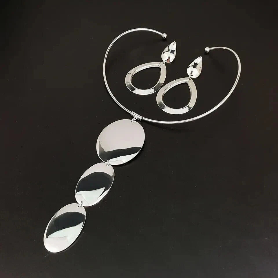Gold & Silver Jewelry Set, Pendant Choker Necklace with Hook Earrings for Women