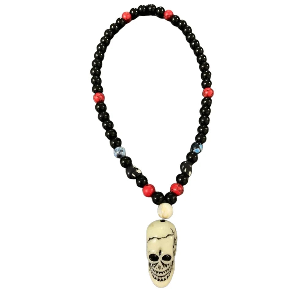 Black Beaded Human Skull Pendant Necklace - Handmade African Statement Jewelry