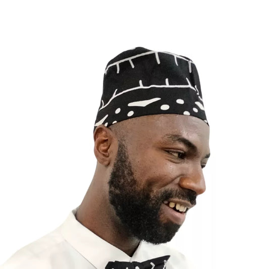 Black & White African Print Kufi Hat, Men Fashion Cap with Elastic Band
