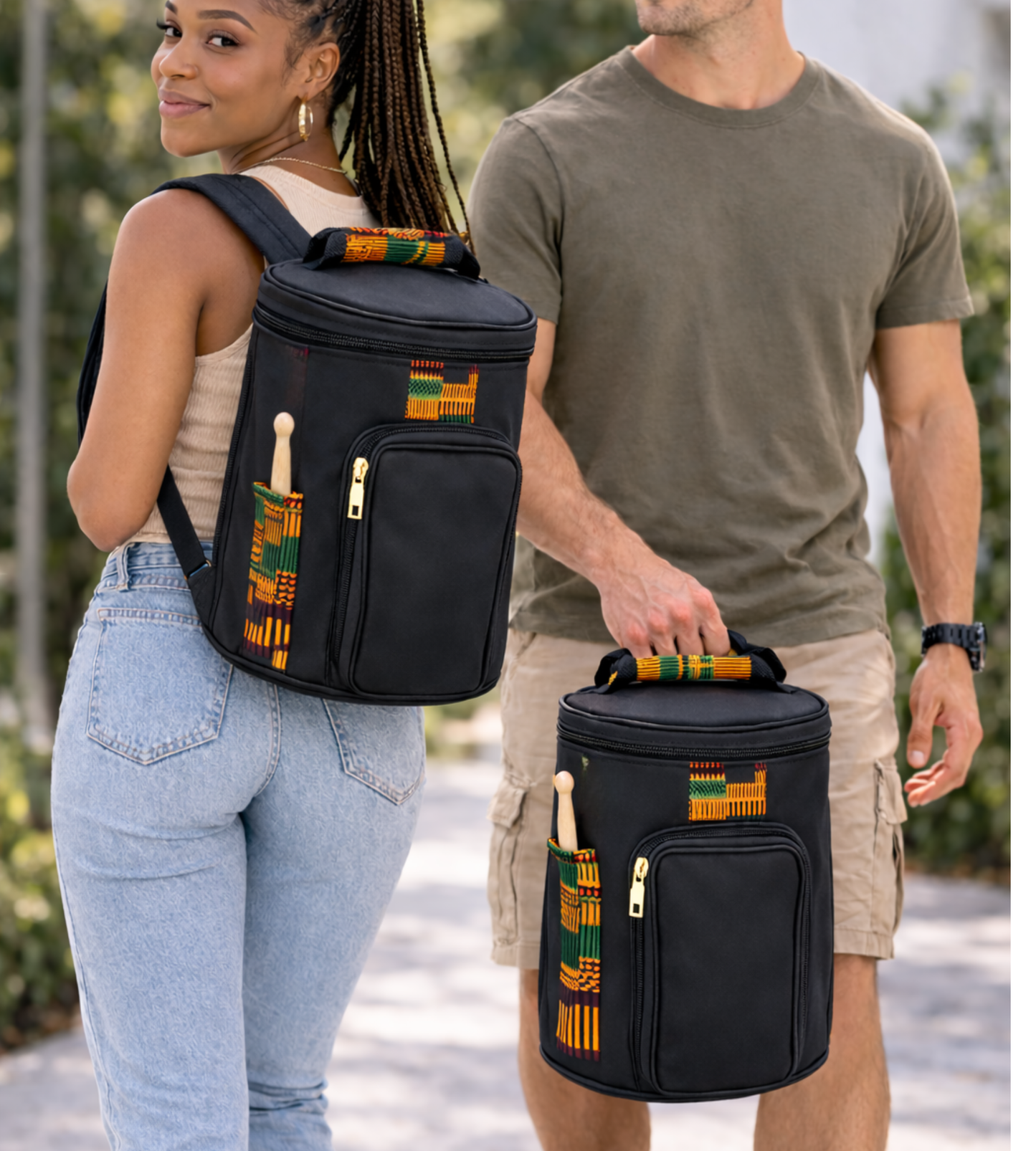 Multi-Purpose Cylindrical Carry Bag for 11" Djembe Drum – Black with African Kente Accents, Travel Utility Bag with Front Pocket and Top Handle