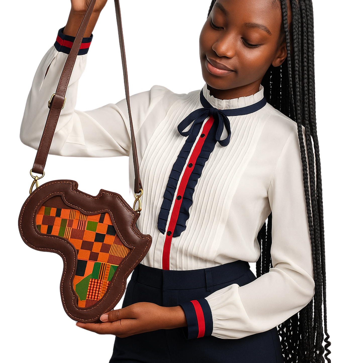 Handmade Africa-Shaped Leather Cross Bag With Zipper | Shoulder Bag with Kente Print, Unisex Bag