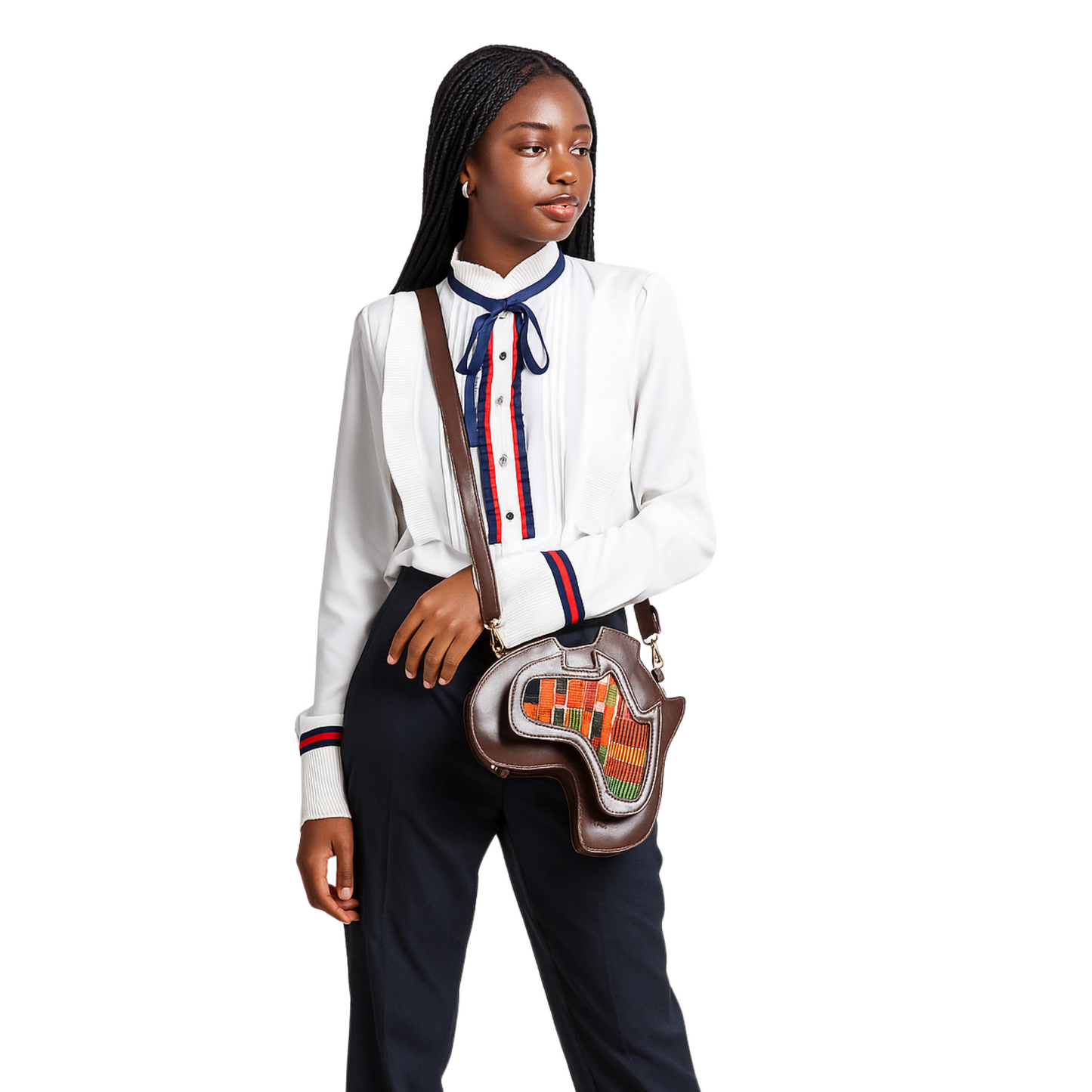 Handmade Africa-Shaped Leather Cross Bag With Zipper | Shoulder Bag with Kente Print, Unisex Bag