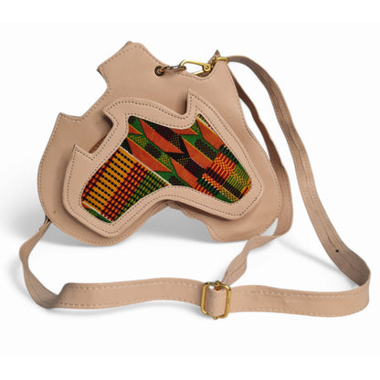 Handmade Africa-Shaped Leather Cross Bag With Zipper | Shoulder Bag with Kente Print, Unisex Bag