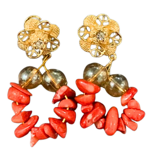 Red Coral Beaded Earrings, Gold-Plated Beads Drop Bridal Wedding Jewelry