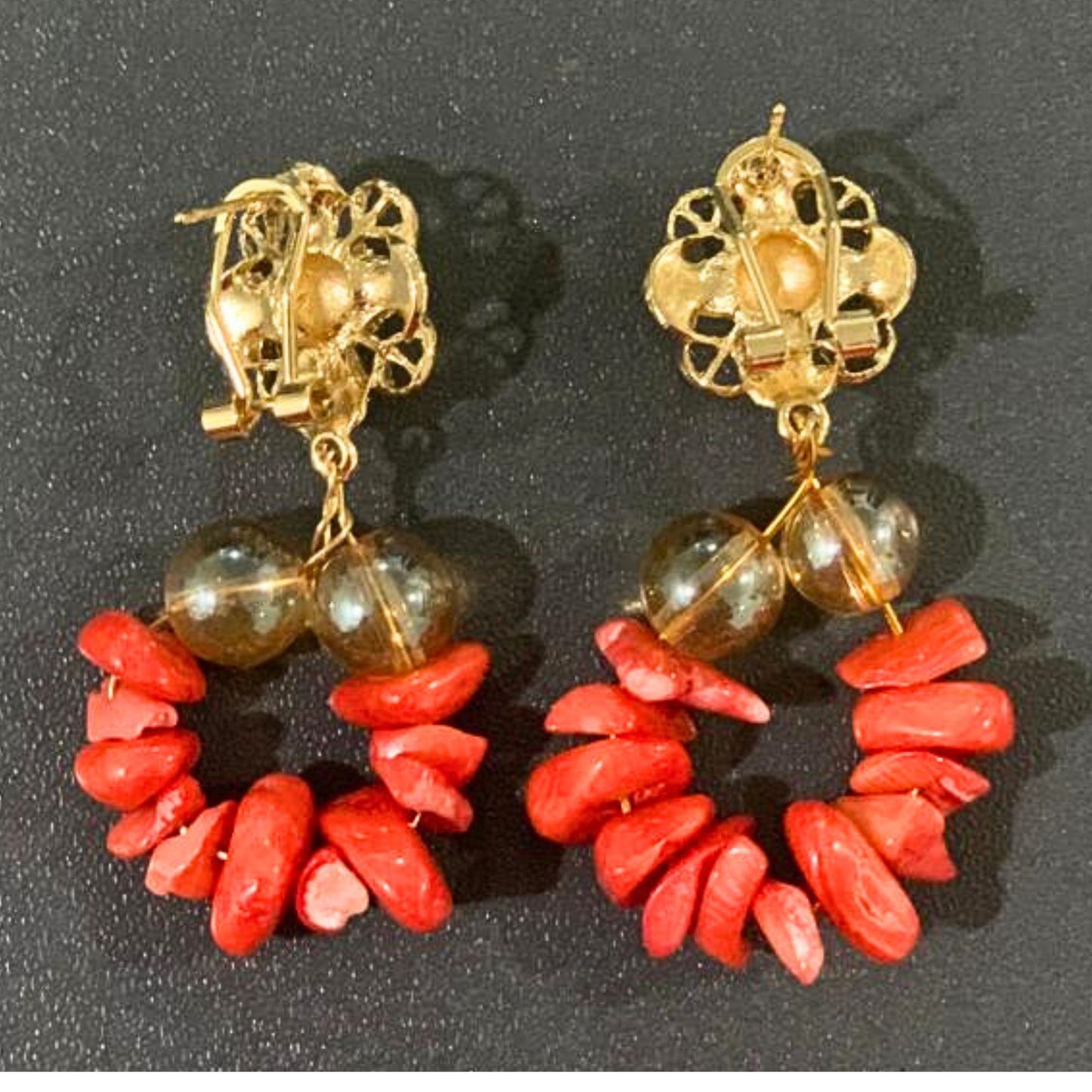 Red Coral Beaded Earrings, Gold-Plated Beads Drop Bridal Wedding Jewelry