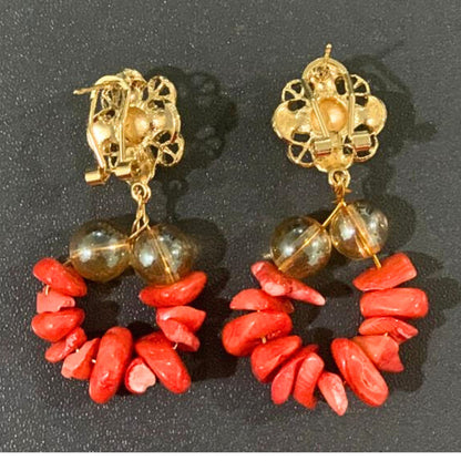 Red Coral Beaded Earrings, Gold-Plated Beads Drop Bridal Wedding Jewelry