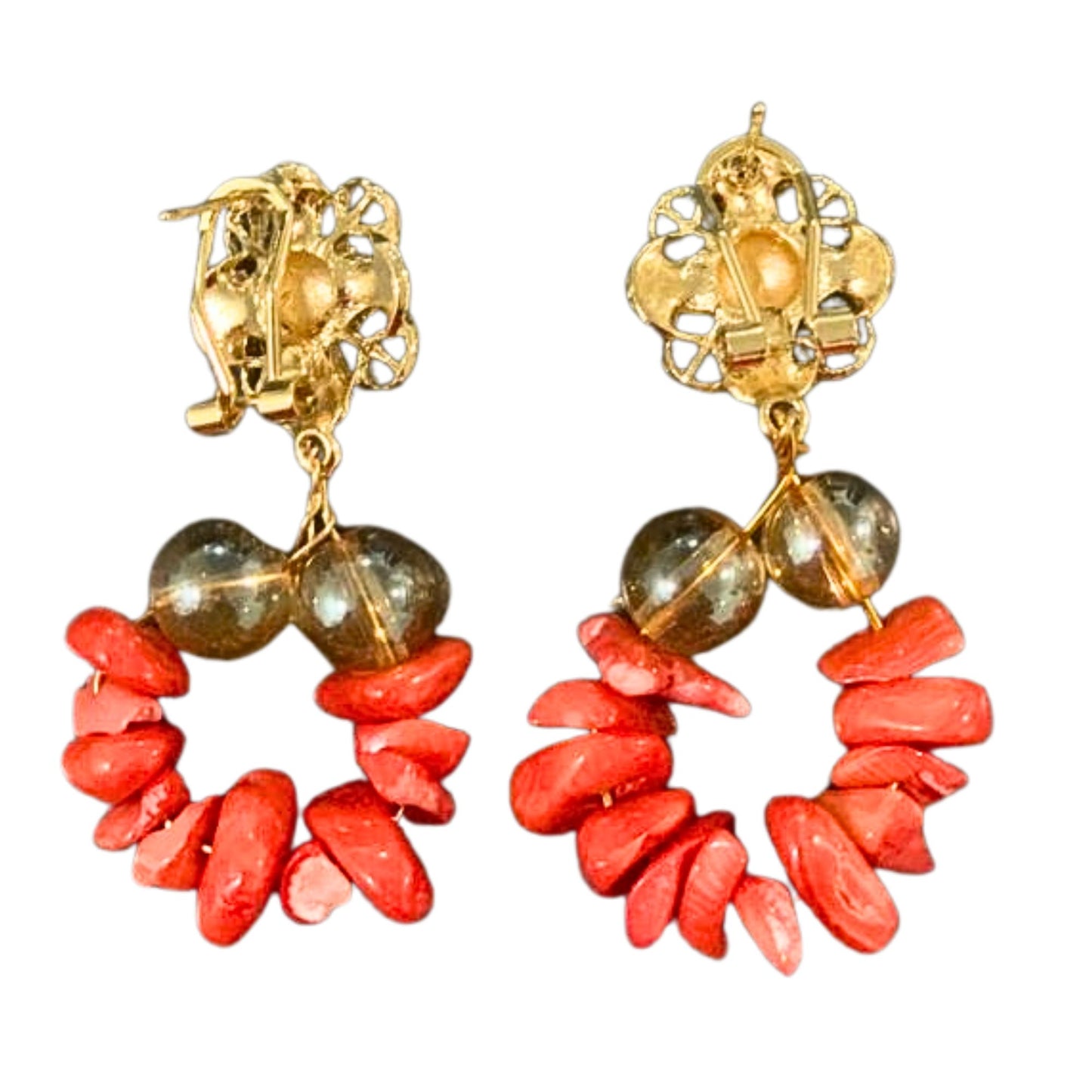 Red Coral Beaded Earrings, Gold-Plated Beads Drop Bridal Wedding Jewelry