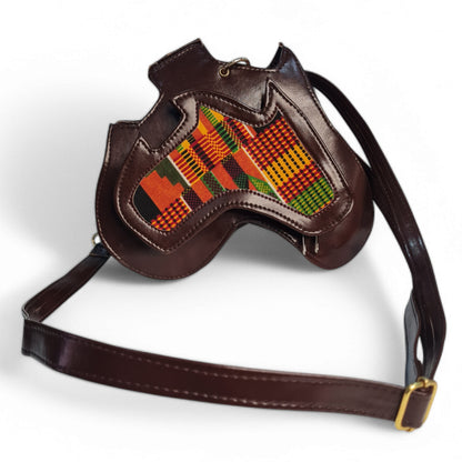 Handmade Africa-Shaped Leather Cross Bag With Zipper | Shoulder Bag with Kente Print, Unisex Bag
