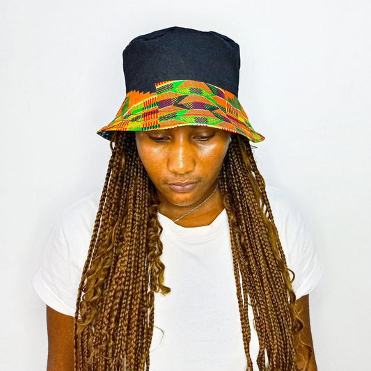 Black Bucket Hat, African Kente and Adire Print Reversible Double-sided Bucket Cap