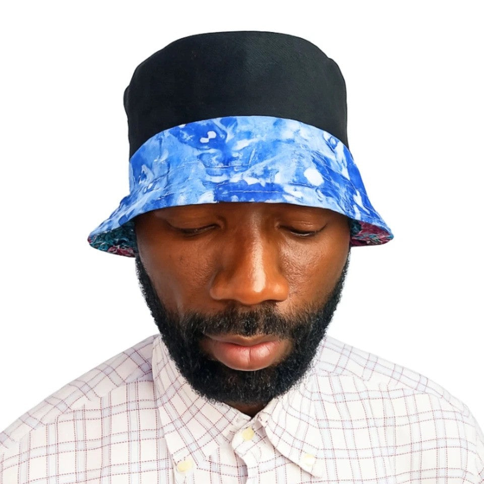 Black Bucket Hat, African Kente and Adire Print Reversible Double-sided Bucket Cap
