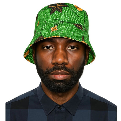 Brown Bucket Hat, African Kente and Adire Print Reversible Double-sided Bucket Cap
